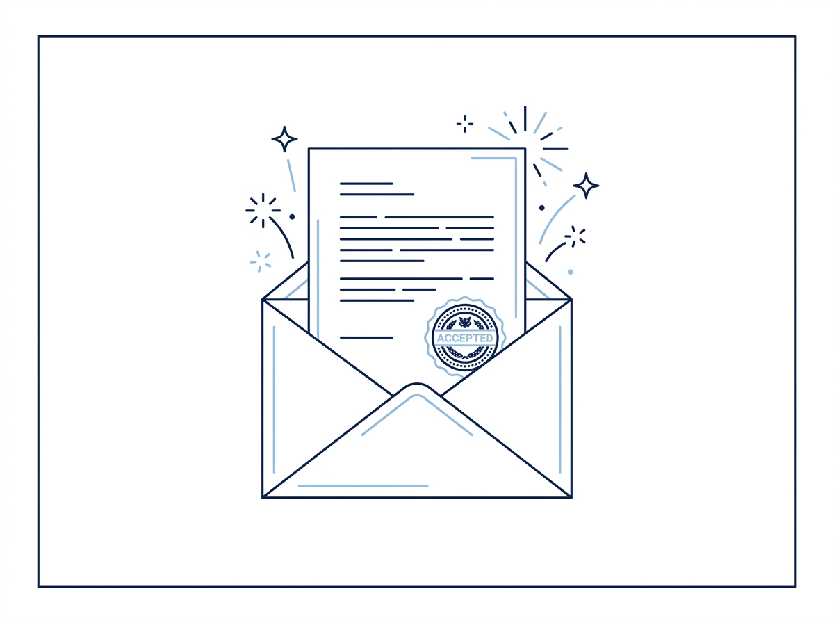 Line illustration of an acceptance letter rising out of an envelope