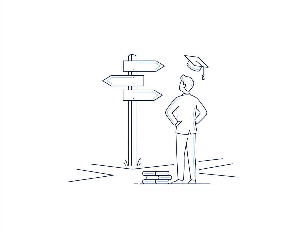 Line illustration of a student at a signpost choosing between three paths