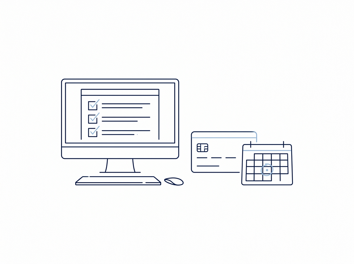 Line illustration of an online form, a payment card and a calendar
