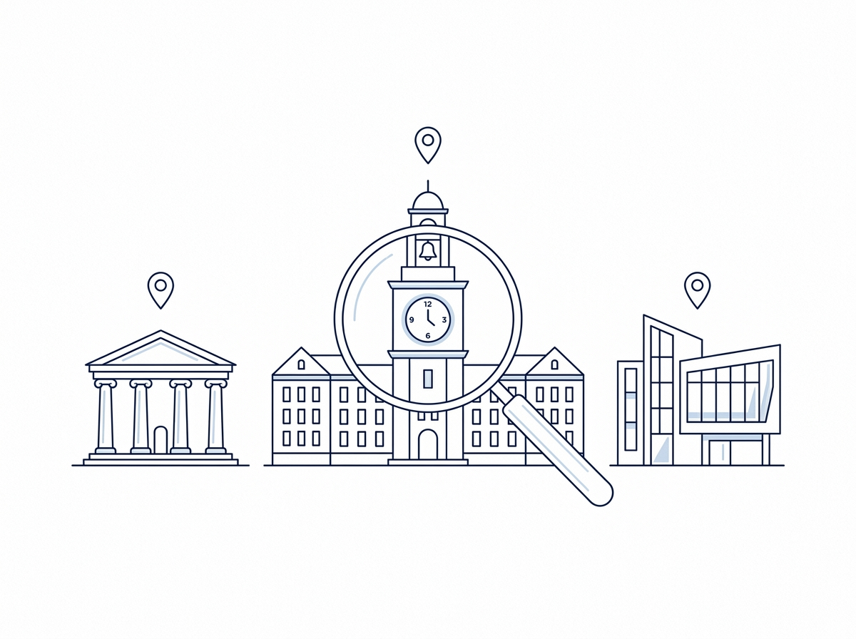 Line illustration of three American university buildings under a magnifying glass